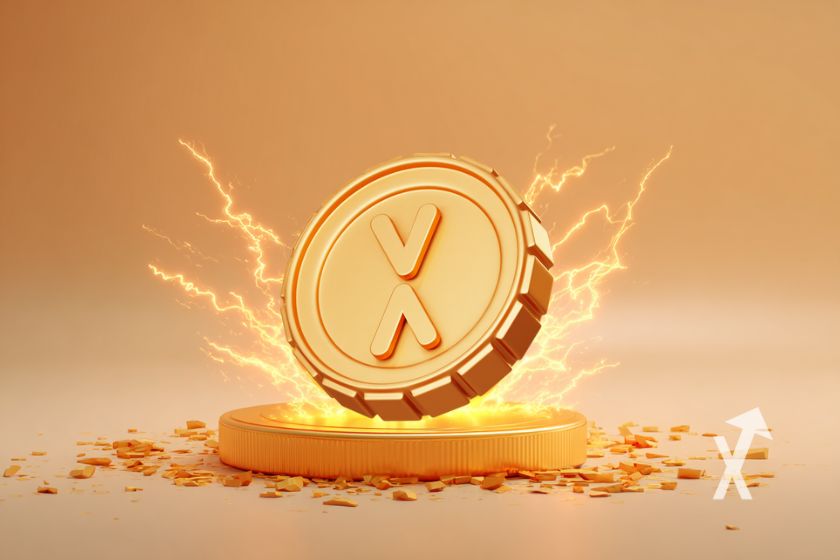Yellow XRP coin on orange background.