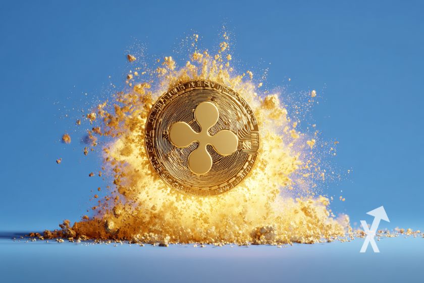 XRP coin in yellow explosion on blue background.