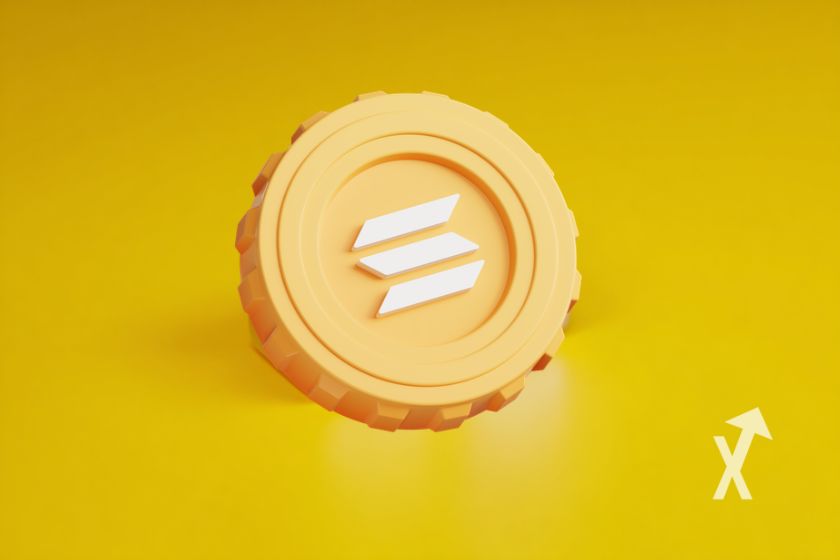 Yellow Solana coin on yellow background.