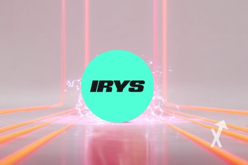 "Irys logo on grey background with straight orange neon lights"