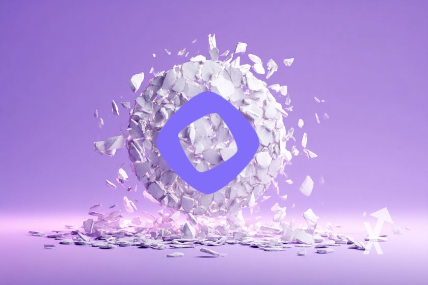 Disintegrating white coin with Monad logo on purple background.