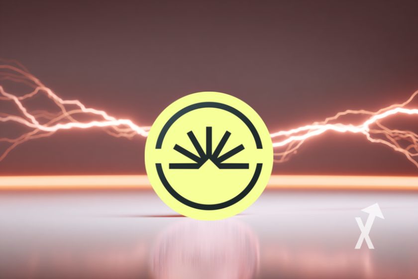 "Sahara AI logo in yellow on brown background with orange electricity on each side and white floor"