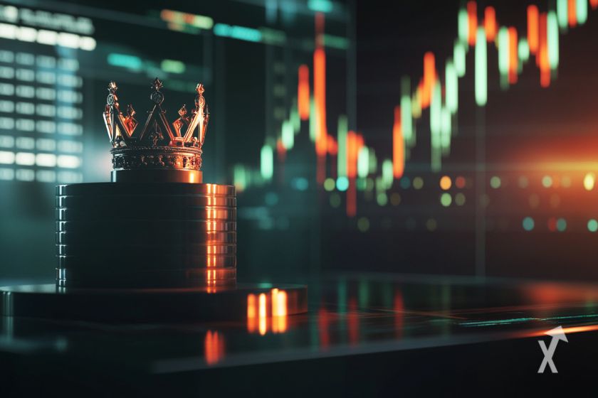 "Crown on podium with trading chart"