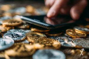 Person using smartphone on Bitcoin coins.