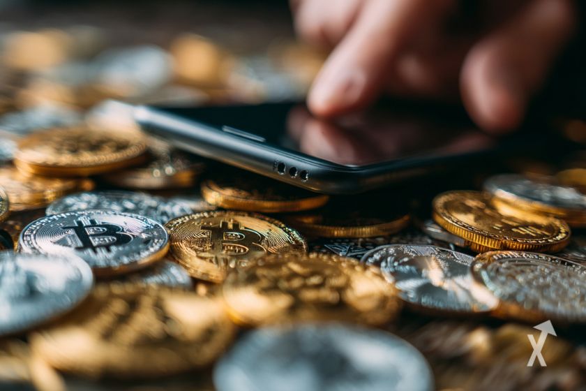 Person using smartphone on Bitcoin coins.