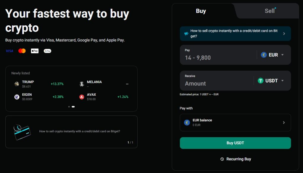 The page on the Bitget website where you can buy cryptocurrencies and choose your payment method