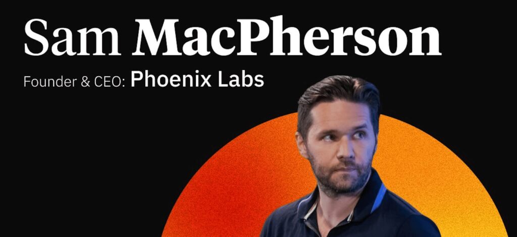 illustration showing Sam MacPherson CEO of Phoenix Labs and SPK protocol, on orange and black background with white text