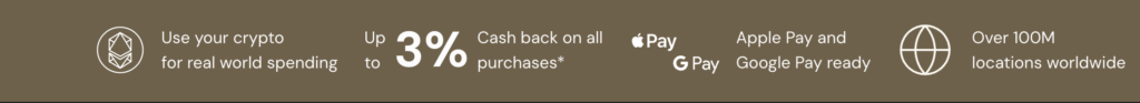 EtherFi promotional banner showing minimalist white icons on brown background: an Ethereum icon illustrating crypto use in daily spending, text indicating 'Up to 3% cash back on all purchases', Apple Pay and Google Pay logos signaling contactless payment compatibility, and a globe icon representing over 100 million acceptance points worldwide