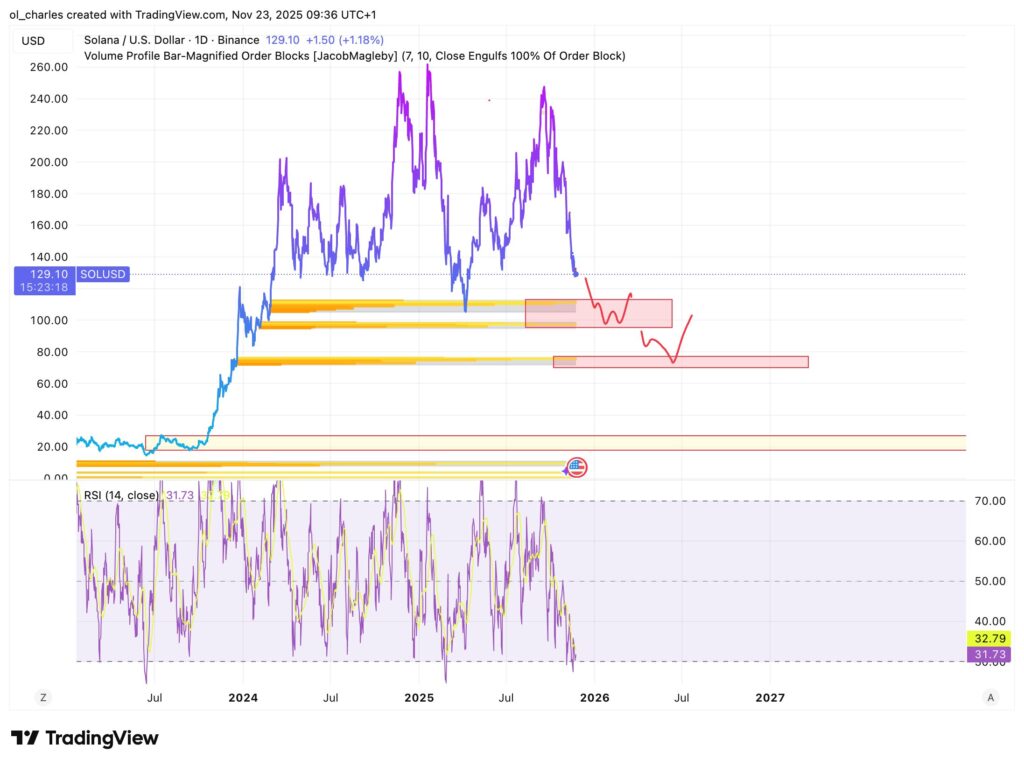 Solana price chart in 1 day with Order Blocks and RSI
