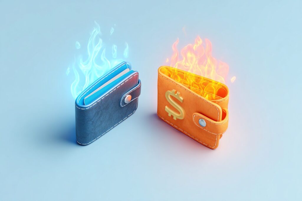 blue illustration cold wallet and hot wallet on fire on blue background