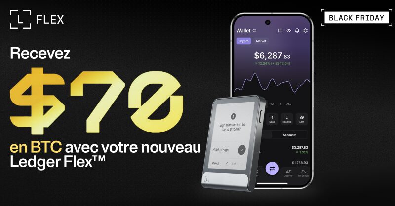A smartphone with a Ledger Flex on black background for a Black Friday offer