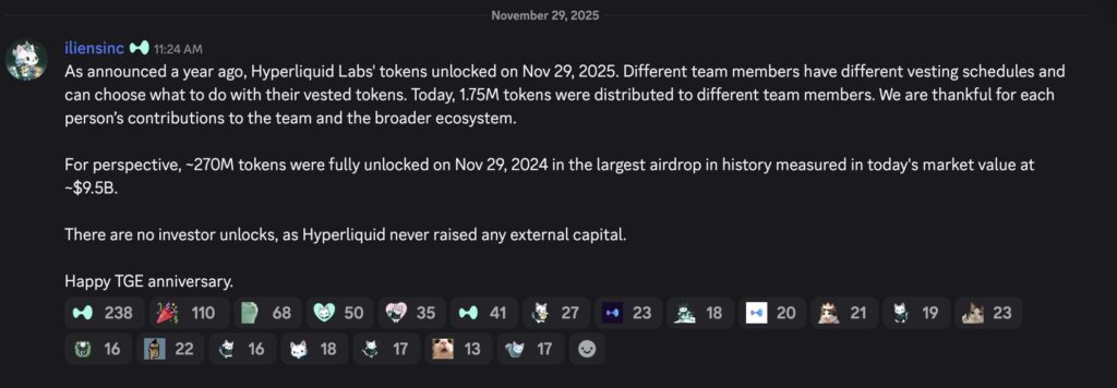 Post about the unlock of 1.75 million Hyperliquid tokens and the distribution of allocations, source iliensinc.