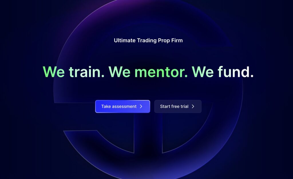 Home page of the SabioTrade propfirm with a dark background and the slogan 'we train. we mentor. we fund.' in neon green