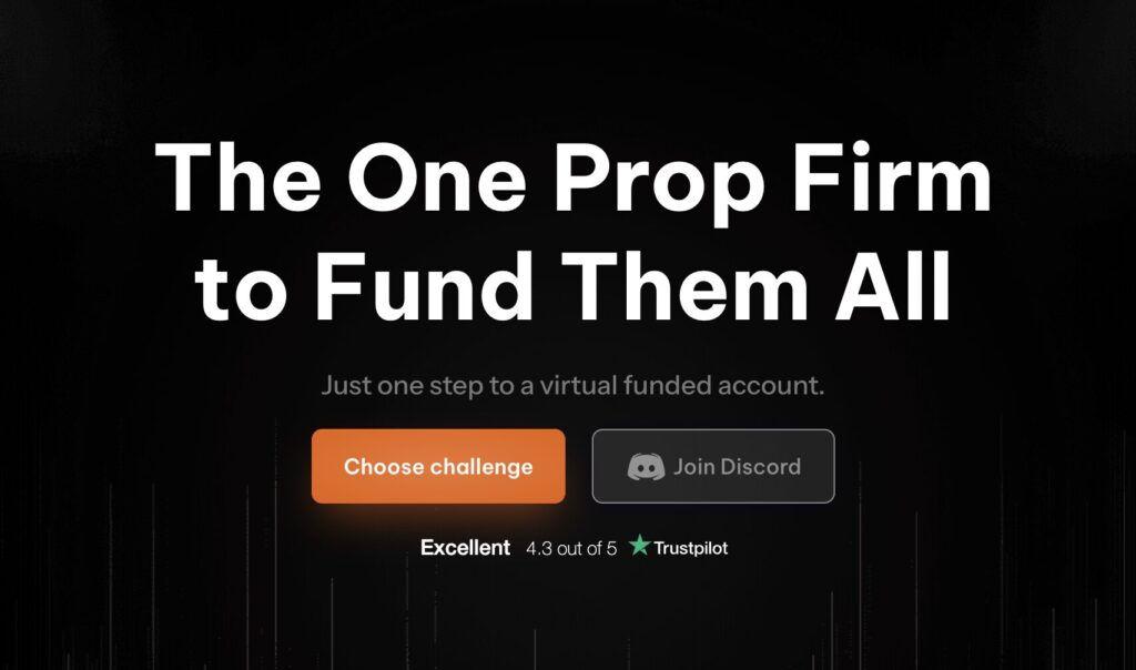 Home page of the OneFunded propfirm with a dark background with the slogan 'The One Prop Firm to Fund Them All' in white