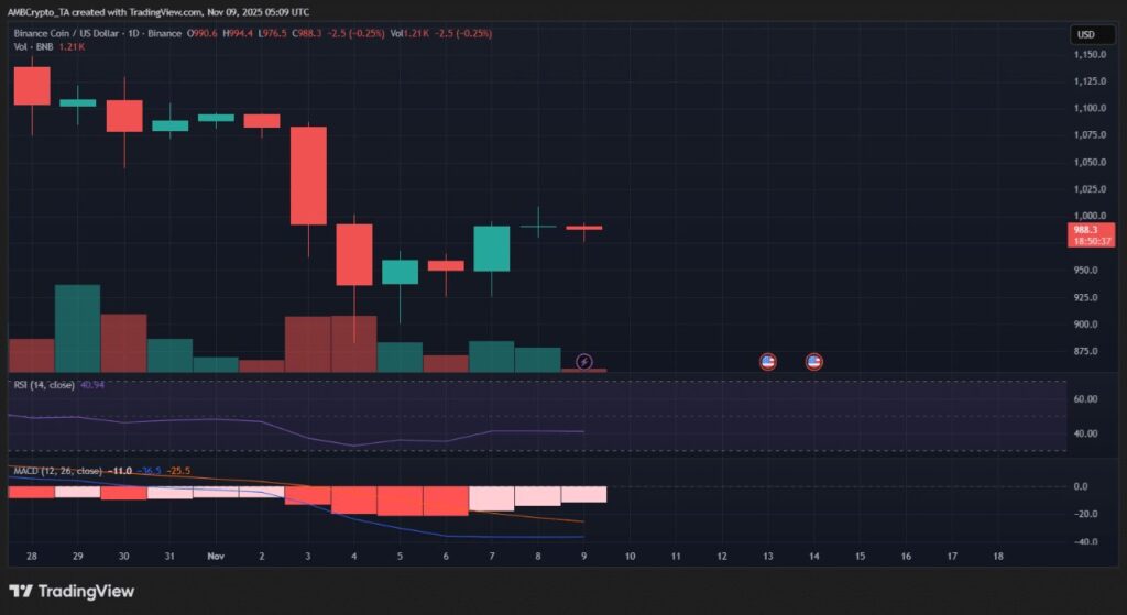 BNB price chart with green and red Japanese candlesticks and other technical indicators