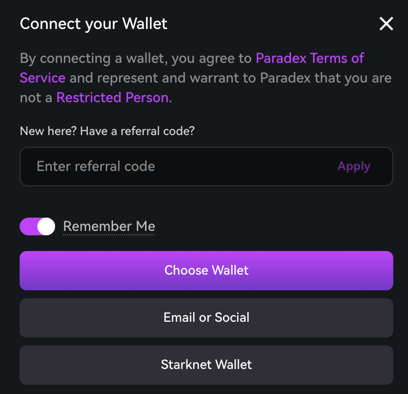 Paradex interface in black and purple, connect your wallet on the platform