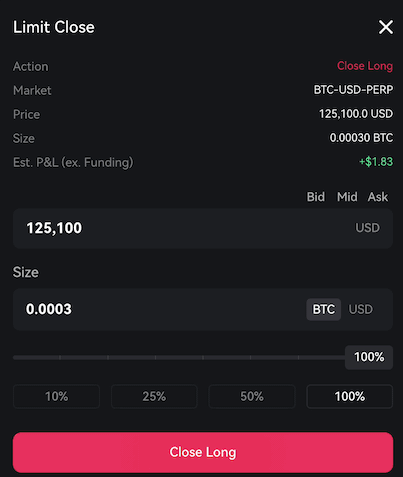 Position closing tab on Paradex, mobile interface