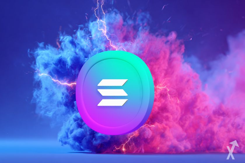 Blue and pink Solana coin with smoke and lightning explosion.