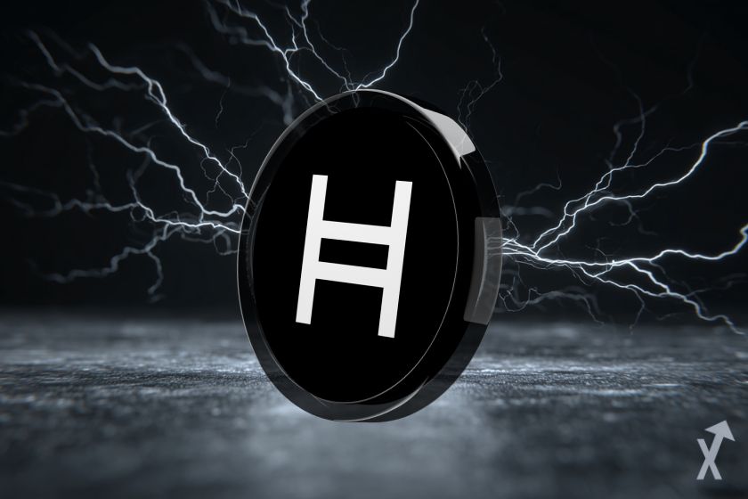 3D Hedera Hbar coin with electricity on black and grey background.