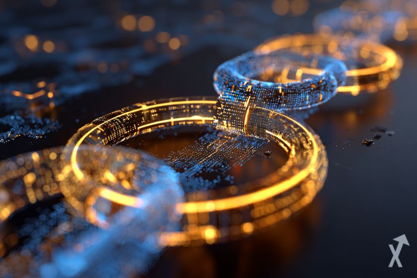 Digital chain with orange and blue circle on black background representing circle and arc.