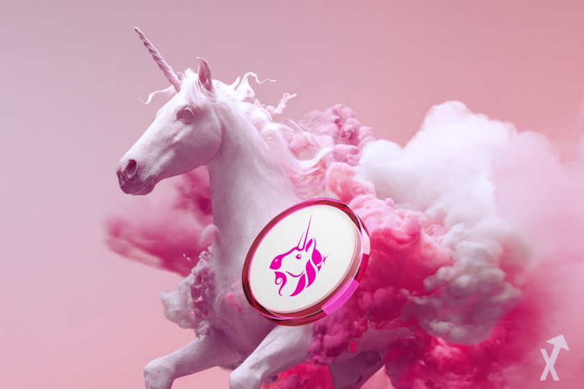 "Uniswap pink Uni unicorn running in pink and white smoke"