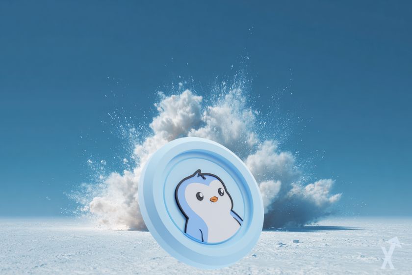 "Penguin logo in snow explosion"
