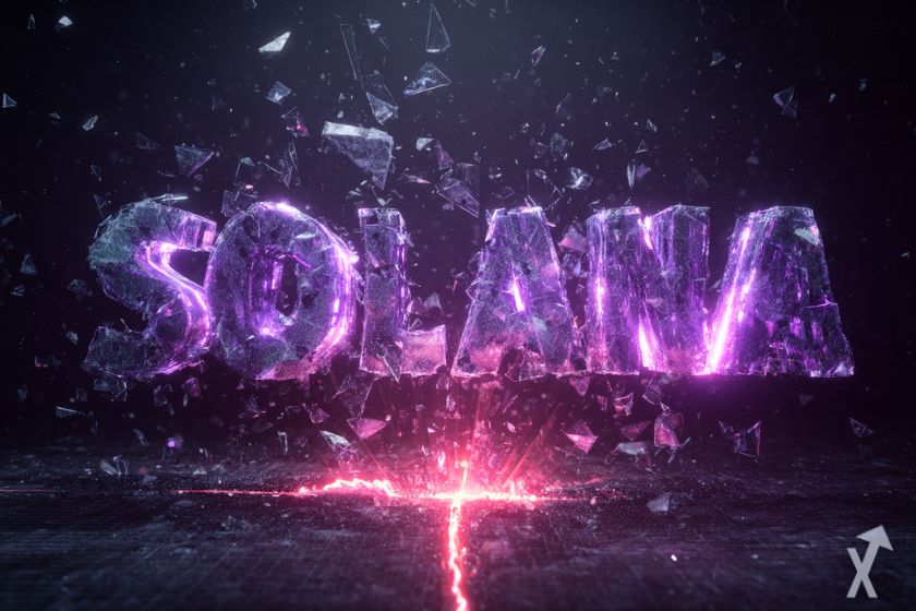 Solana written in purple neon with rock explosion and red crack.