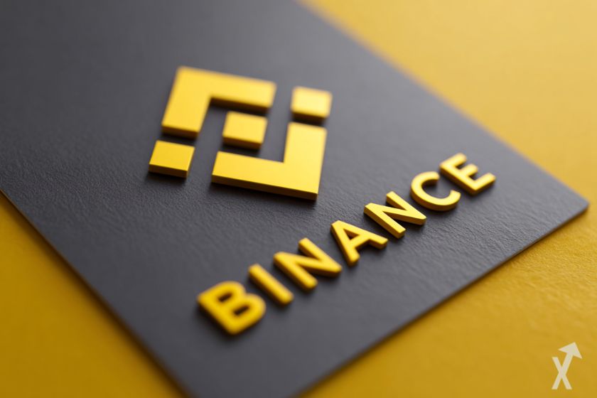 "Binance logo in yellow and black on yellow background, altcoin exchange platform."
