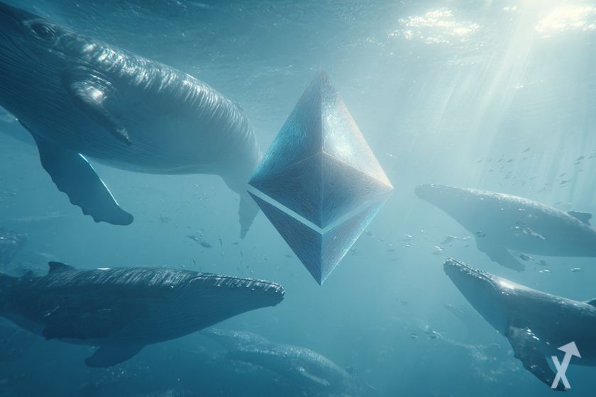 "Several whales around an ethereum logo in the ocean."