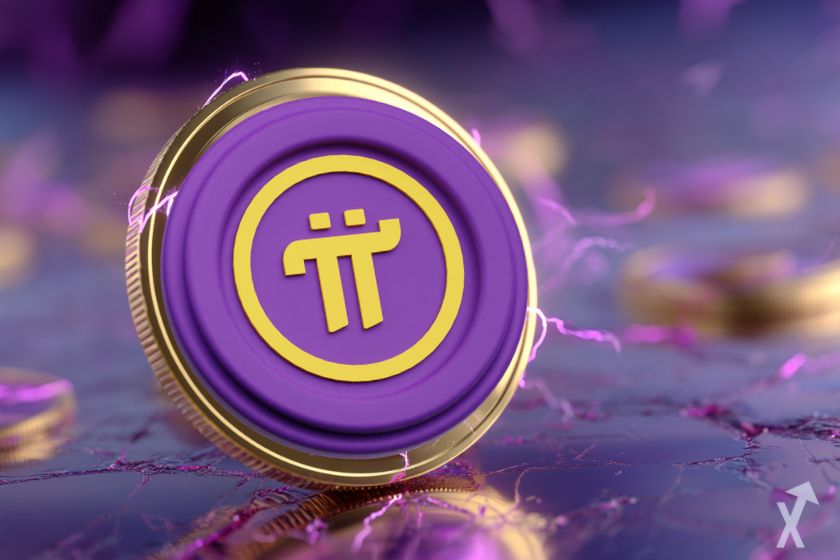 Pi Network logo with lightning bolts in golden and purple environment.