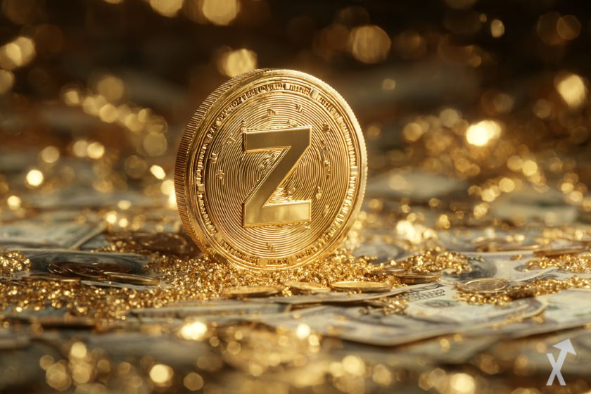 "Shiny gold 3D Zcash ZEC coin on dollar bills."