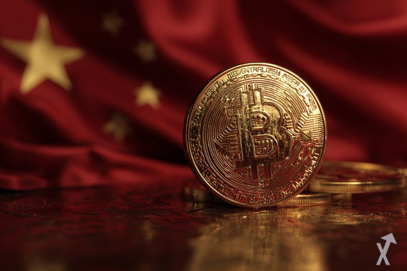 Gold 3D bitcoin coin on red background with Chinese flag.