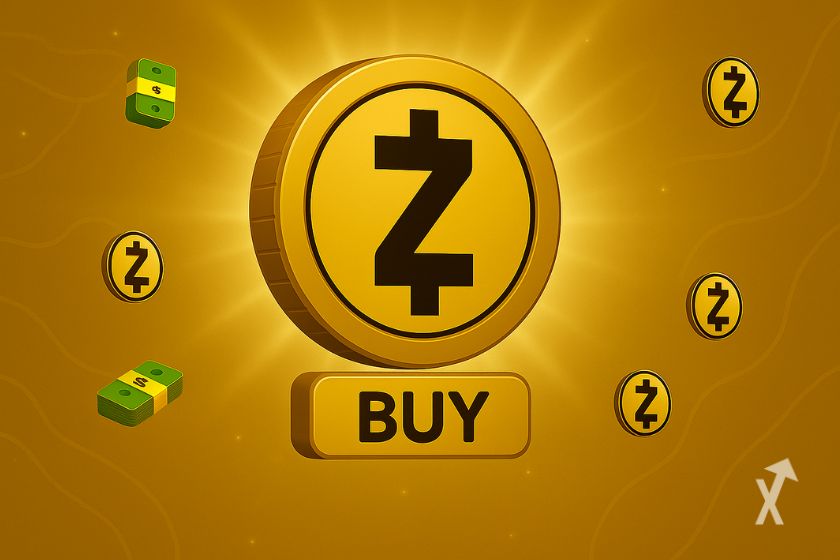 Yellow Zcash token with logo, money, "BUY" button.