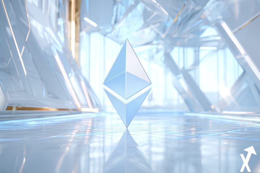 Pure white Ethereum logo on crystal background.