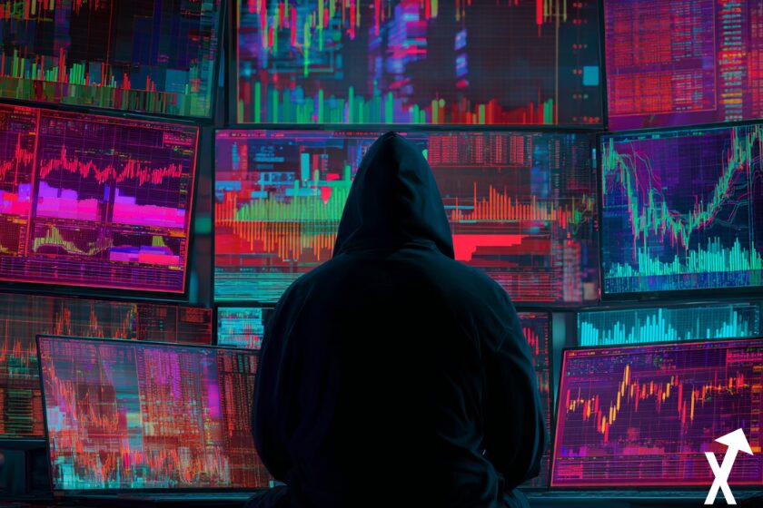 "Hacker in black hood trading cryptocurrency on multiple screens"