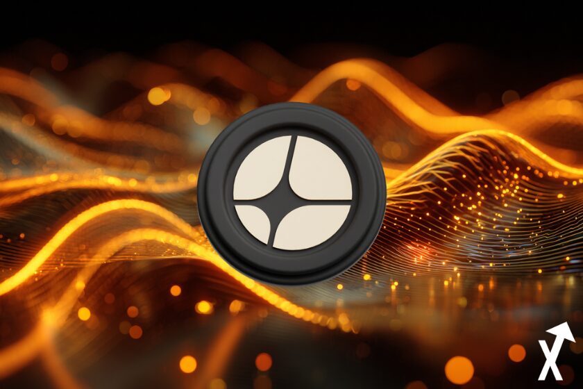 "Black beige ASTER coin on orange background blockchain wave"