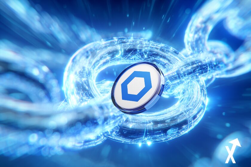 "Chainlink cryptocurrency coin on blue white chains background"