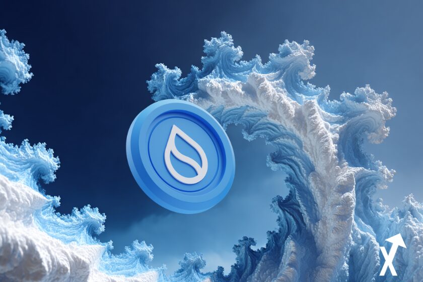 Blue and white coin on blue wavy background illustration.