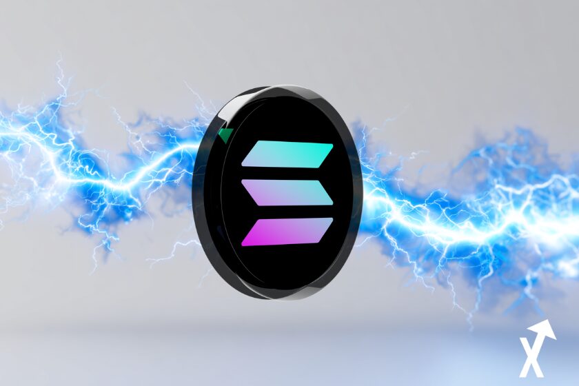 Solana coin on electric blue impact on white and blue background.