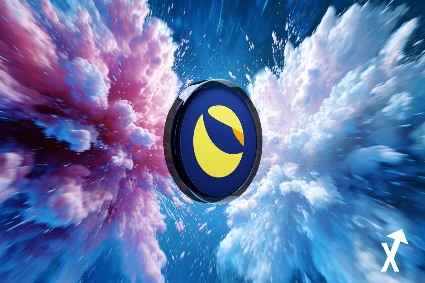 Blue and yellow lunar coin on explosive background.