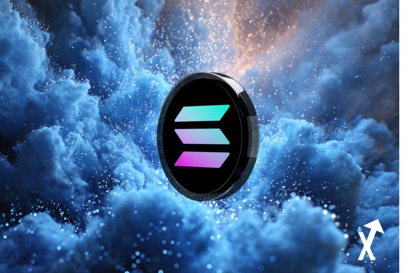 Solana coin black purple on crypto cloud background.