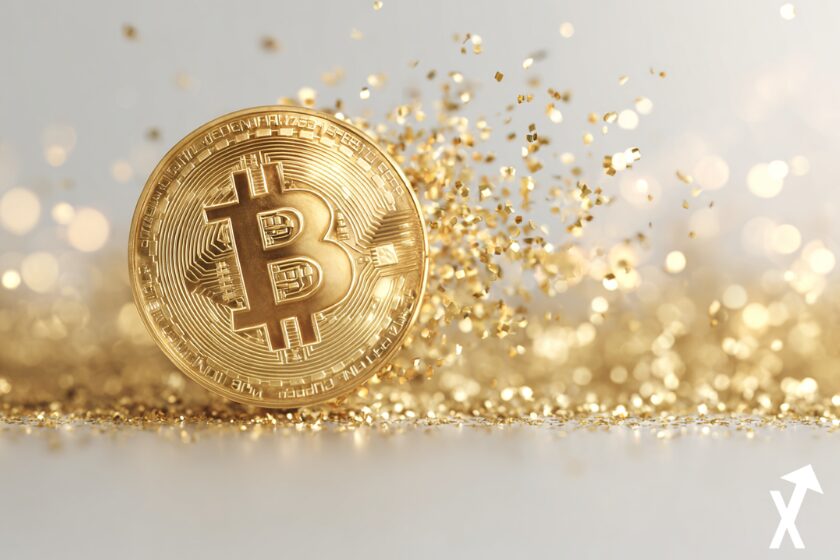 "Gold bitcoin coin on clean white background"