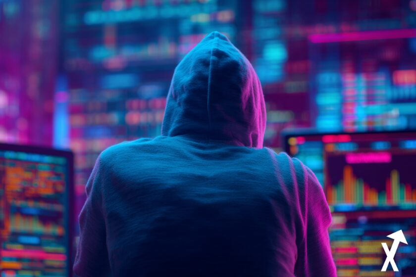 Hooded hacker monitors multiple trading charts.
