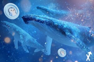 Penguin coins with whales in icy blue ocean.