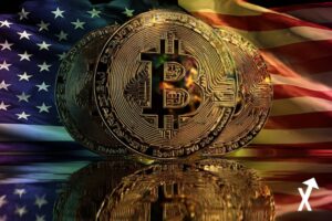 American Bitcoin with USA flag background.