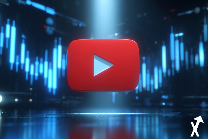 YouTube logo on blue crypto trading chart.