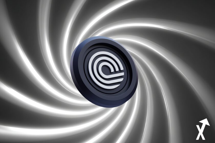 Black and white digital currency on_crypto spiral background.