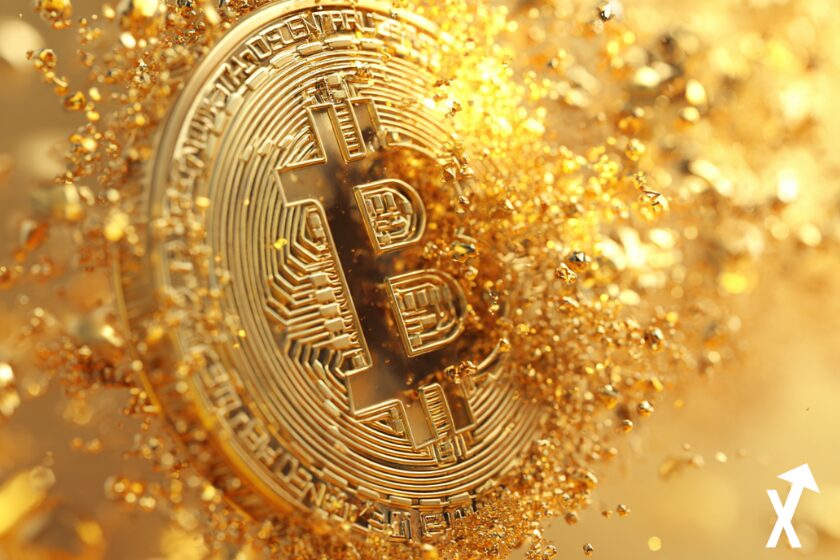 Gold bitcoin on explosive yellow background.