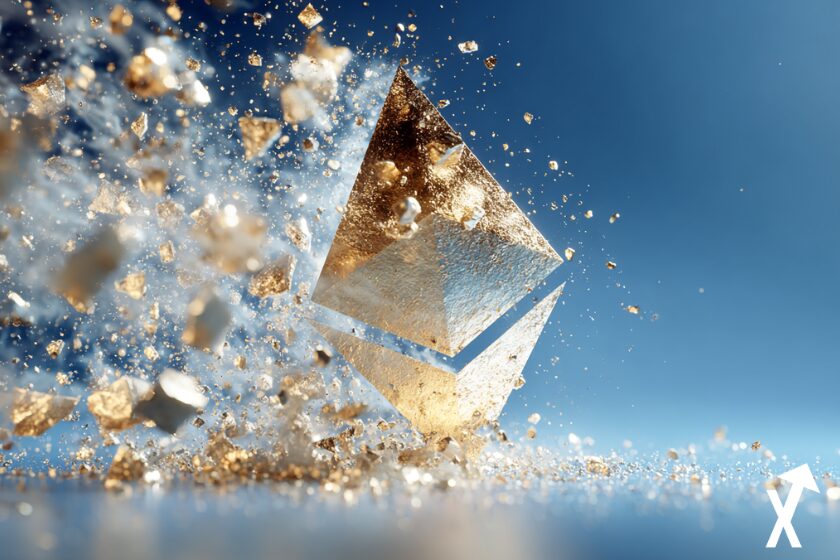 "Cracked white ethereum coin on blue background"