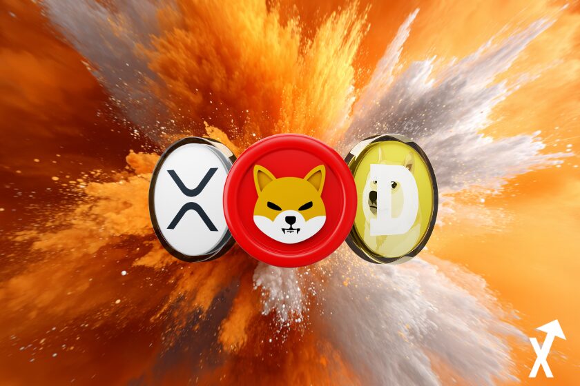 "XRP, Shiba, Dogecoin tokens on explosive orange background"